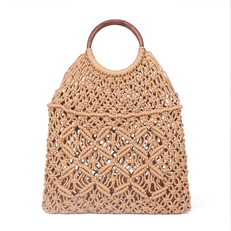 Popula Cotton Rope Hollow Straw Bag Sheer Macrame Tote wooden ring rattan handle Net Bag Vintage Retro Chic handbag