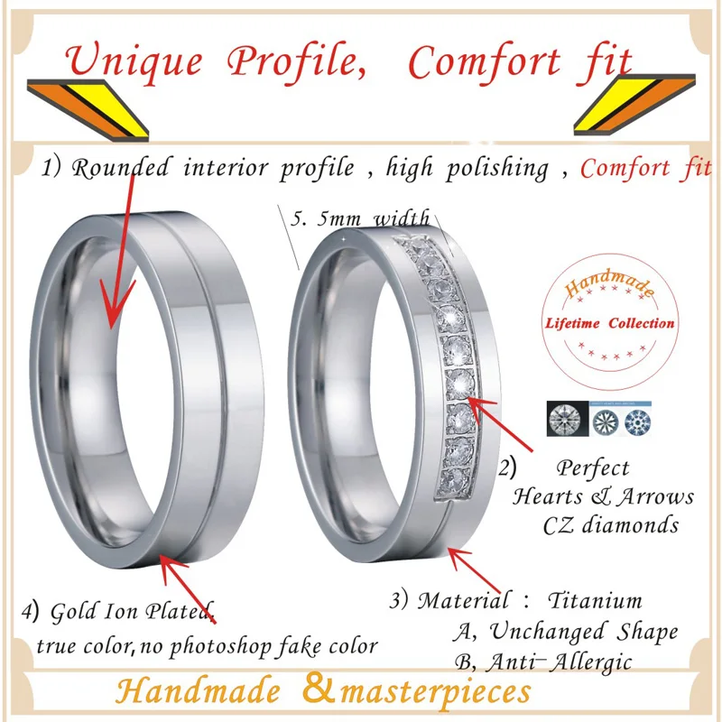 Waterproof Couple Wedding Rings for Men and Women Lovers Alliance Hand Finger Stainless Steel Ring Marriage Half size