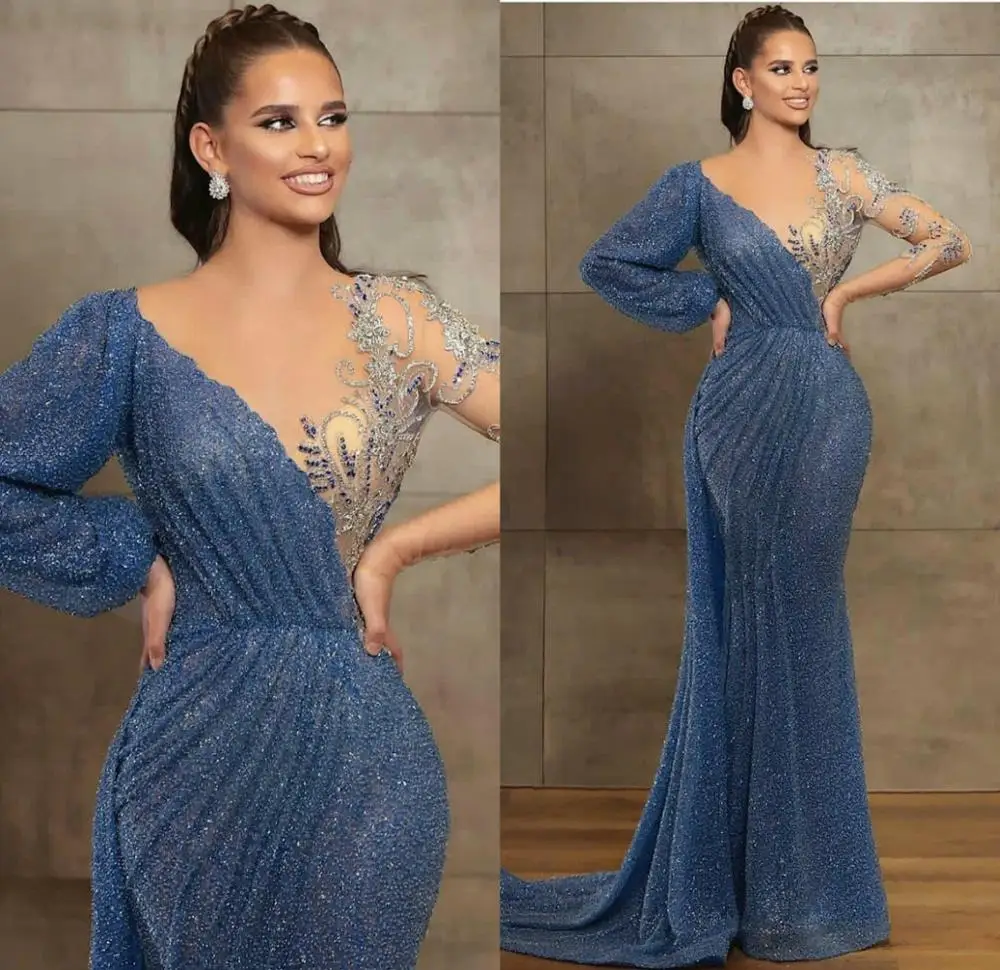 Sparkly Sequined Evening Gowns Crystal Beading V Neck Long Sleeve Formal Prom Dress Sexy Mermaid Red Carpet Runway Fashion Robe