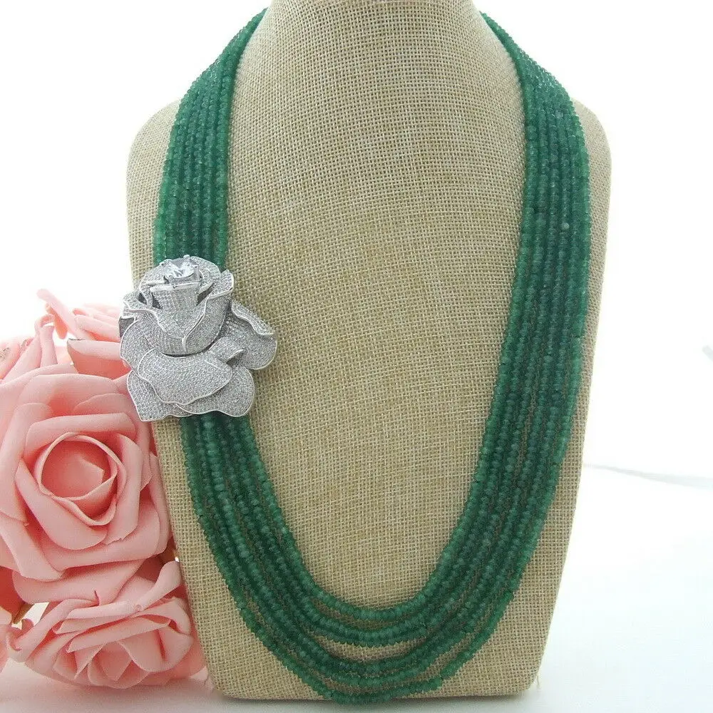 

24''-27'' 6 Strands Rondelle 2*4MM Green Jade Necklace Zircon Connector