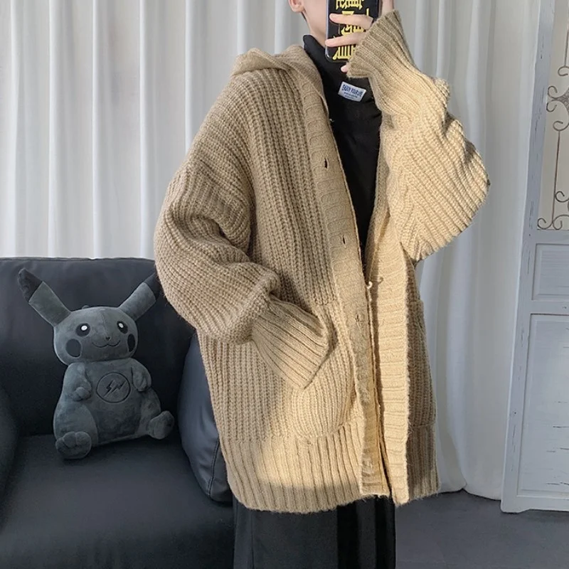 

Oversized Harajuku Mens Hoody Long Sweater Jacket Loose Fit Single Breasted Retro Knitted Cardigan Man Autumn Knitwear Cardigans