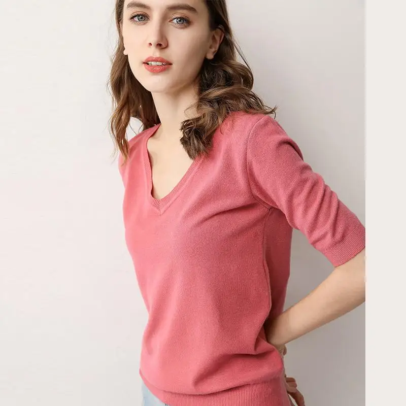 Spring/Summer Ladies Sweater V-neck Pullover Solid Color Half-sleeved Knitwear Sweater Thin Casual Soft Bottoming Tops