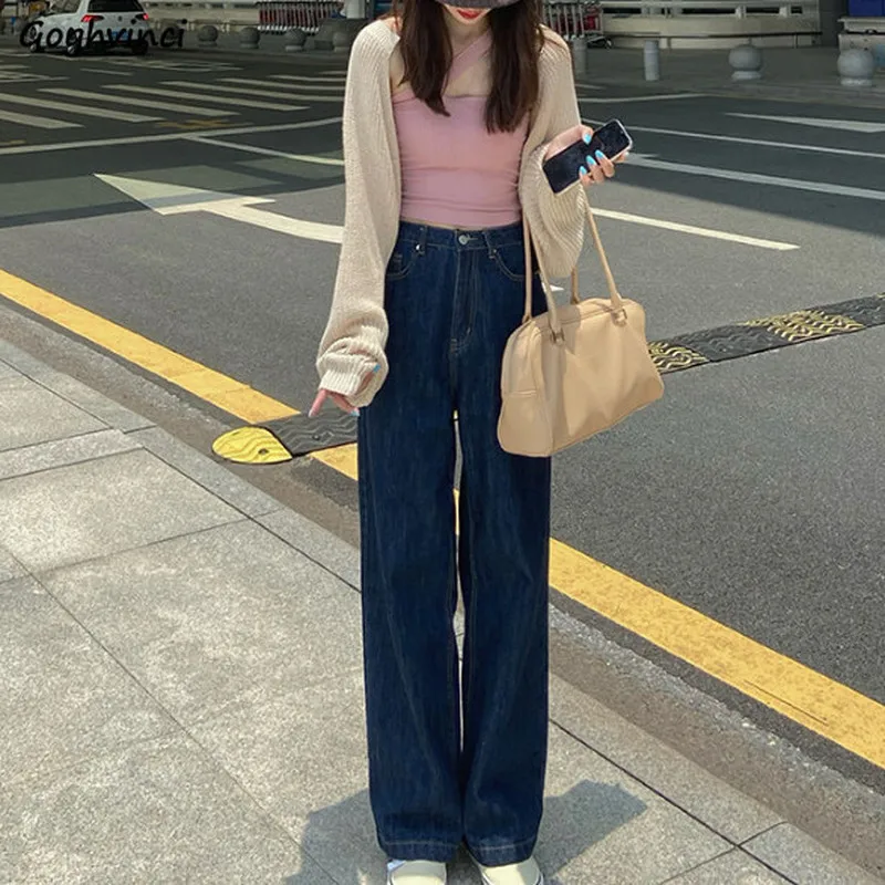 

Jeans Women Dark-blue Vintage Full-length High Waist Sexy Korean Style Trousers Ulzzang Streetwear Students Chic BF Autumn New