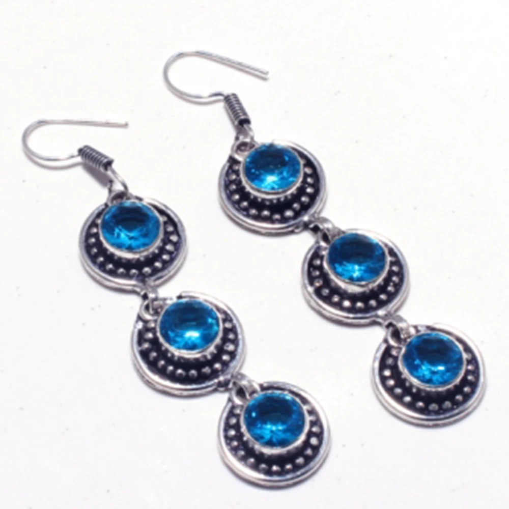 

Подлинная Голубой топаз Серебро накладки на медные серьги, ручная работа женские ювелирные изделия подарок, E5340