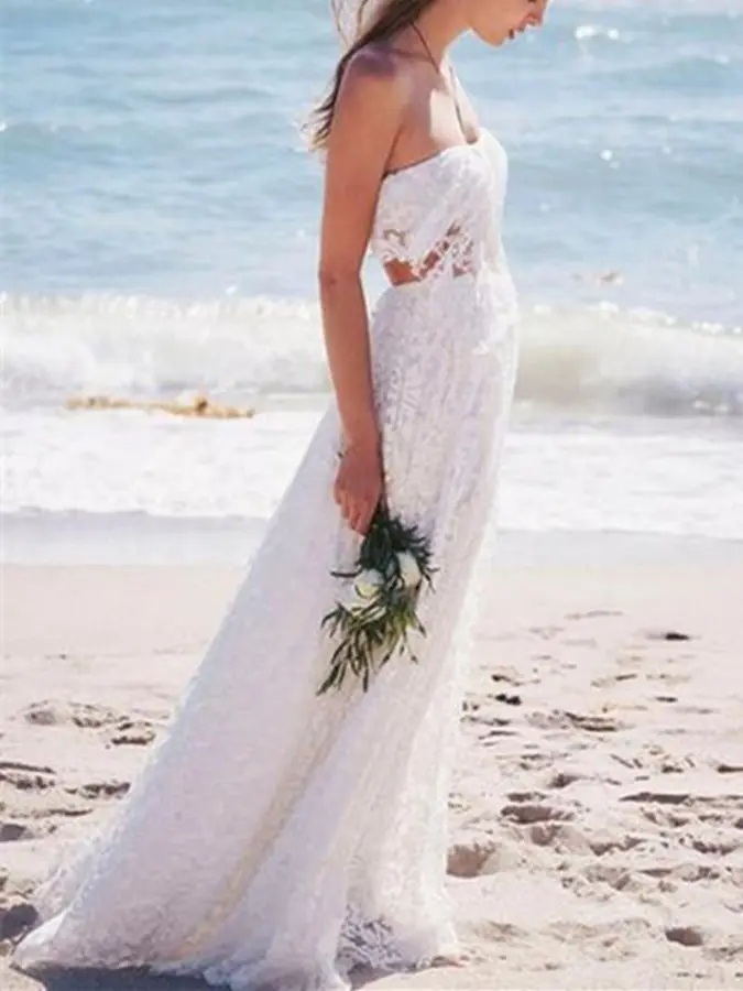 2020 Sexy Strapless A-line Renda Pantai Pernikahan Gaun Musim Panas BoHo Bridal Gaun Robe De Mariage