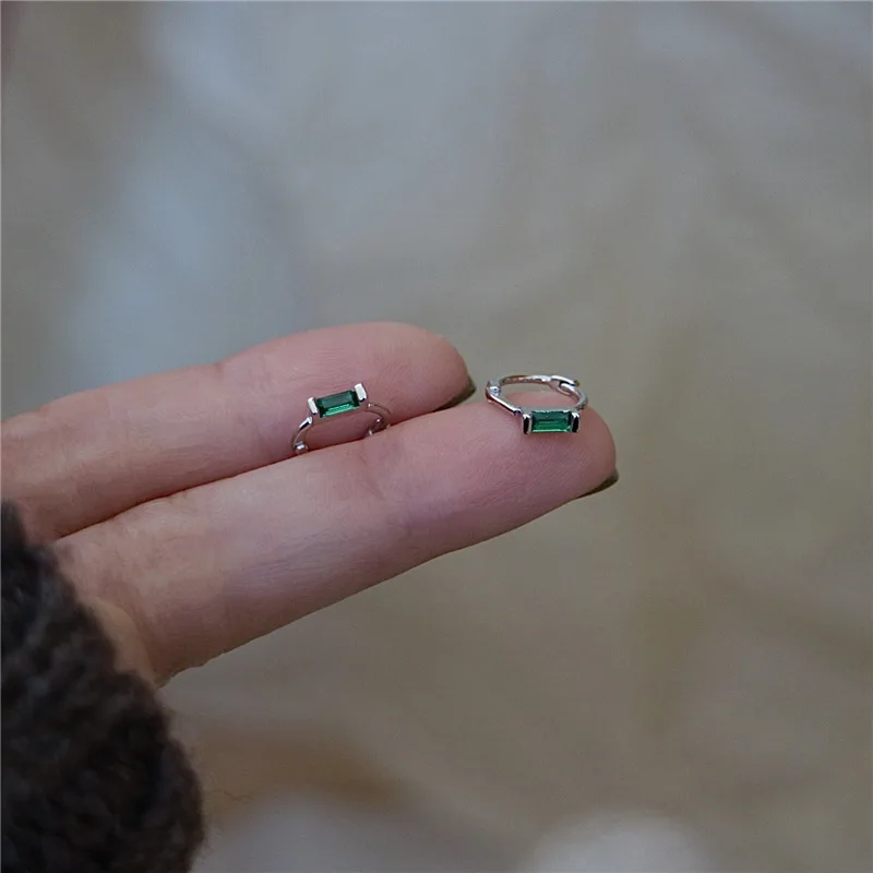 QMCOCO Korean INS Style Silver Color Simple Green Zircon Earrings Vintage Fashion Chic Earrings Hoop For Women Jewelry Gifts