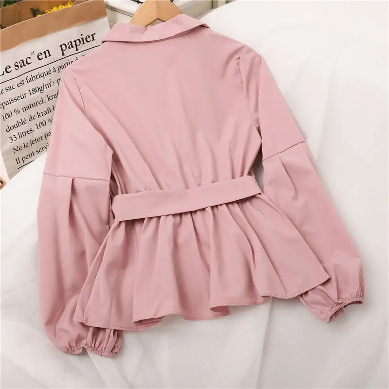 Korean V-neck New Ruffle Shirt Women Elegant Lantern Sleeve Blousa Casual Elastic Waist Blouses Fashion Sweet  Lace Up Tops