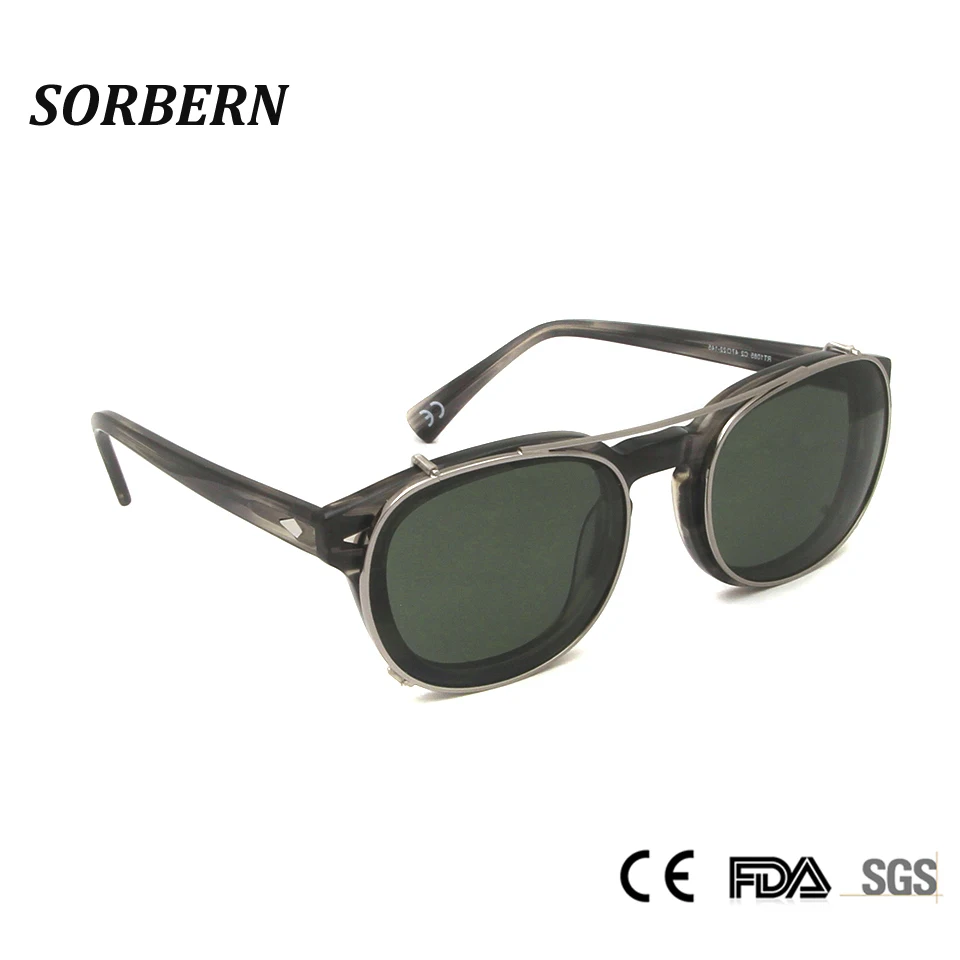 SORBERN Round Clip On Sunglasses Men Polarized Lens Acetate Frames Metal Steampunk Removable Carve Design Vintage Sun Glasses