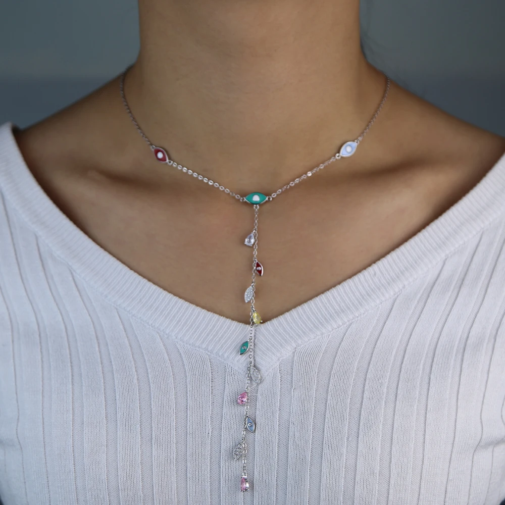 Rose Gold Silver Color Long Y Lariat Cz Evil Eye Charm Necklace Sexy Women Jewelry Colorful Cute Lovey Eye Turkish Jewelry