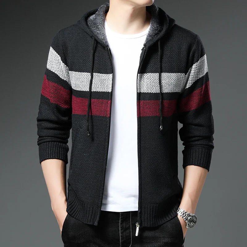 Winter Coat Men\'s Stripe Zipper Knit Cardigan Relaxed Fit Fashion Fleece Warm Jacket Casual Loose 4XL Jumper Hooded Sweater