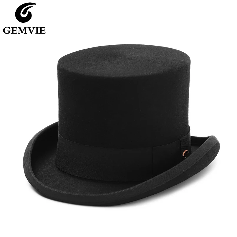 GEMVIE 5,4-calowy 100% filcowy kapelusz dla mężczyzn / kobiet Cylinder Hat Topper Mad Hatter Party Costume Fedora Magician Hat New