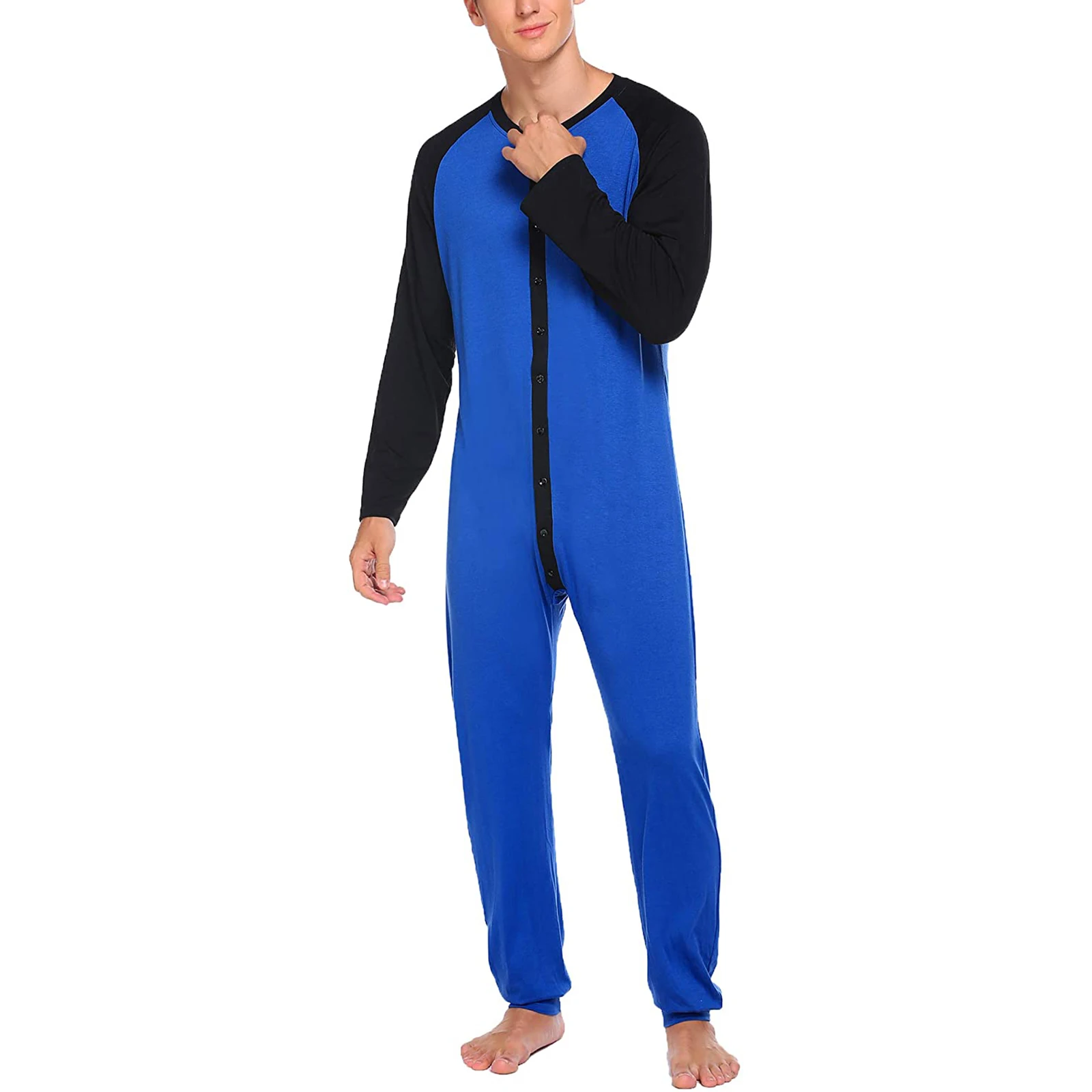 Men\'s One-piece Button Long Sleeve Soft Pajamas 2021 New Arrived Men Round Collar Open Front Nightdress Homewear Male Sleepwear