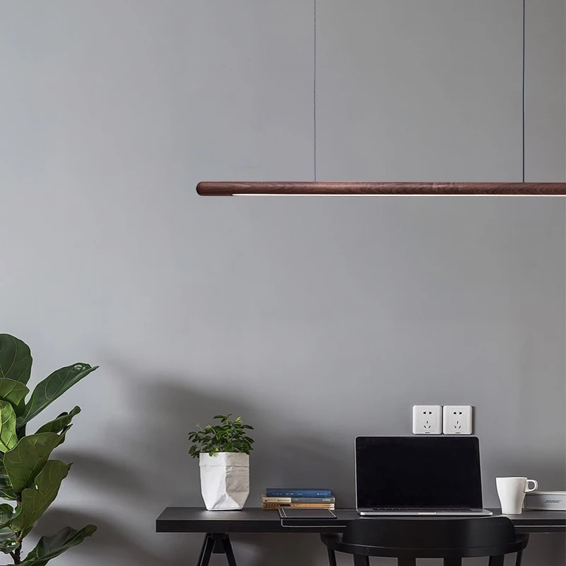 Solid Wood Hanging Lamp Nordic LED Wood Pendant Light Modern Table Long Linear Light Round Hanging Fixtures for Kitchen Island