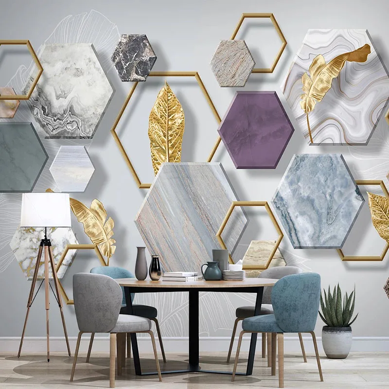 

Custom Wallpaper Modern Simple Marble Texture Geometric Golden Leaves Photo Wall Murals Living Room TV Sofa Home Decor 3D Fresco