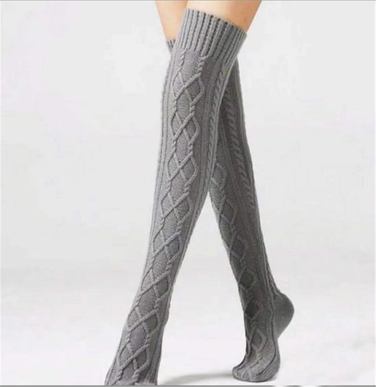 Calcetines de punto con rombos para invierno, vestido suelto de lana, grueso por encima de la rodilla