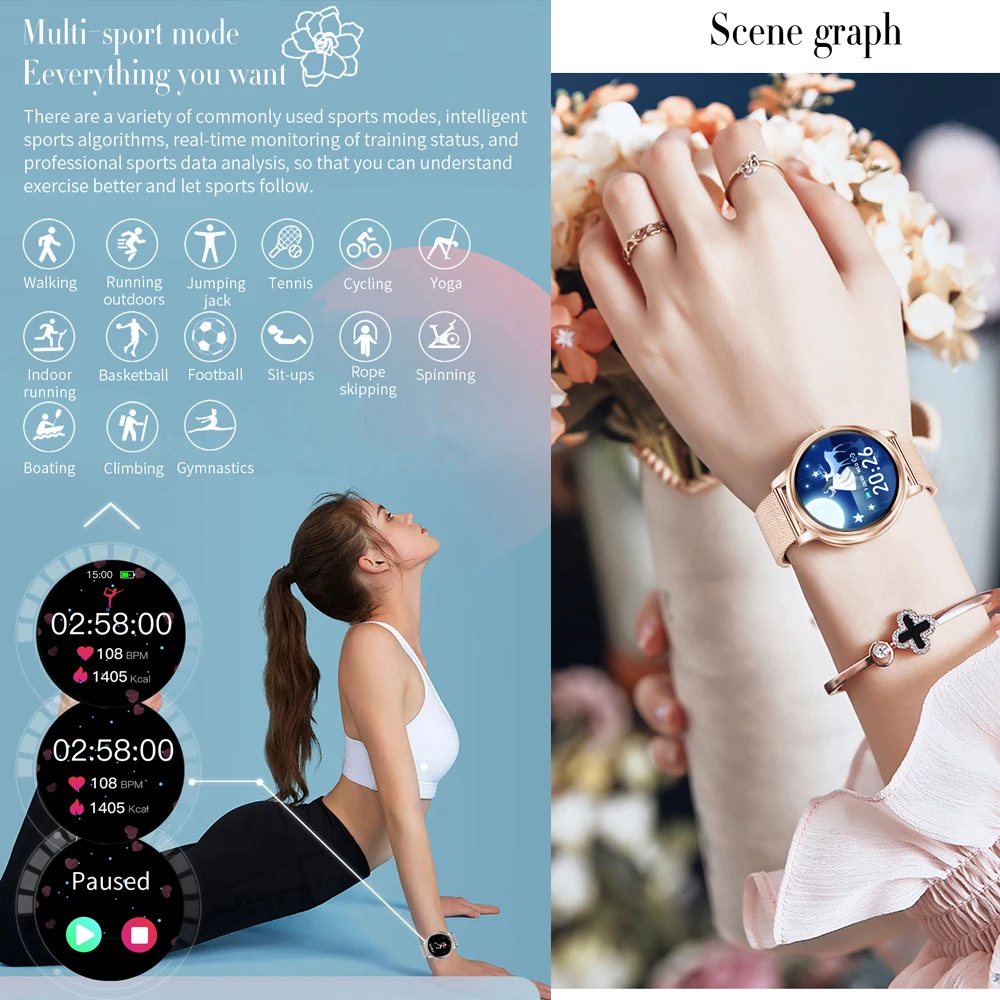 FIOMI FK20 Relógio Inteligente Feminino Moda Toque Relógios Esportivos S91smart Wear Monitor de Frequência Cardíaca Pulseira Fitness Pedômetro Relógio Inteligente Pulseira Presente para iphone Xiaomi huawei presente de