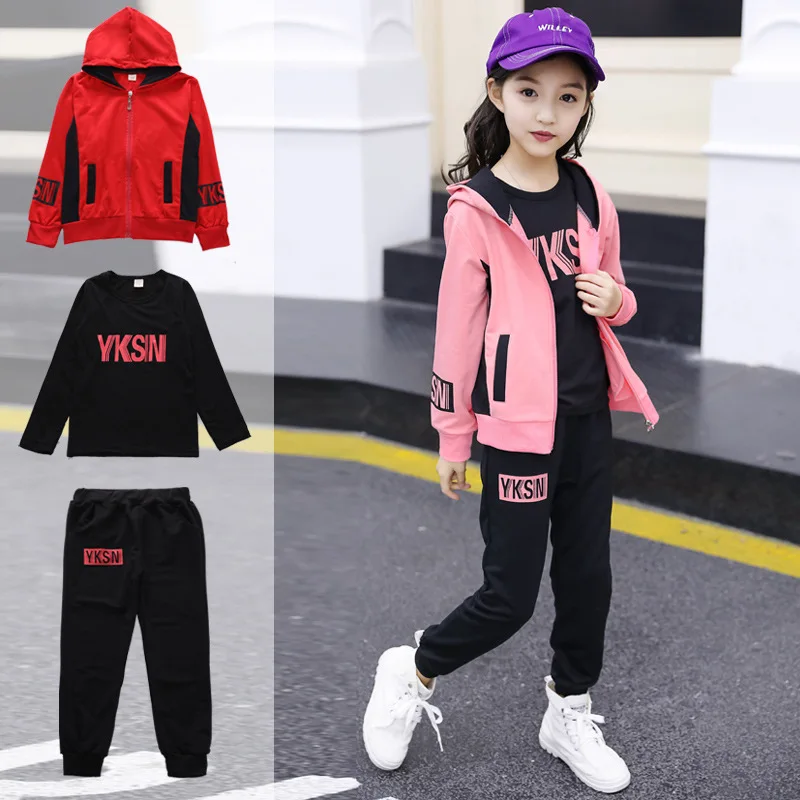 Tuta sportiva per ragazze 3 pz/set abbigliamento per bambini felpa con cappuccio in cotone + t-shirt + pantaloni tuta per bambini per ragazze 5 6 7