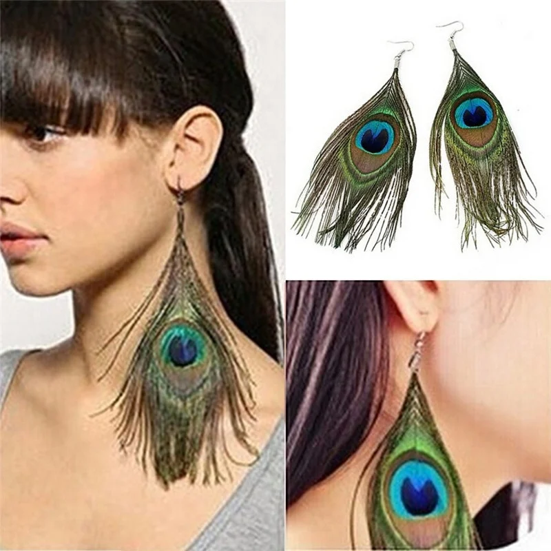 1pair Fashion New Style Assorted Color Peacock Natural Feather Earrings Drop Earrings