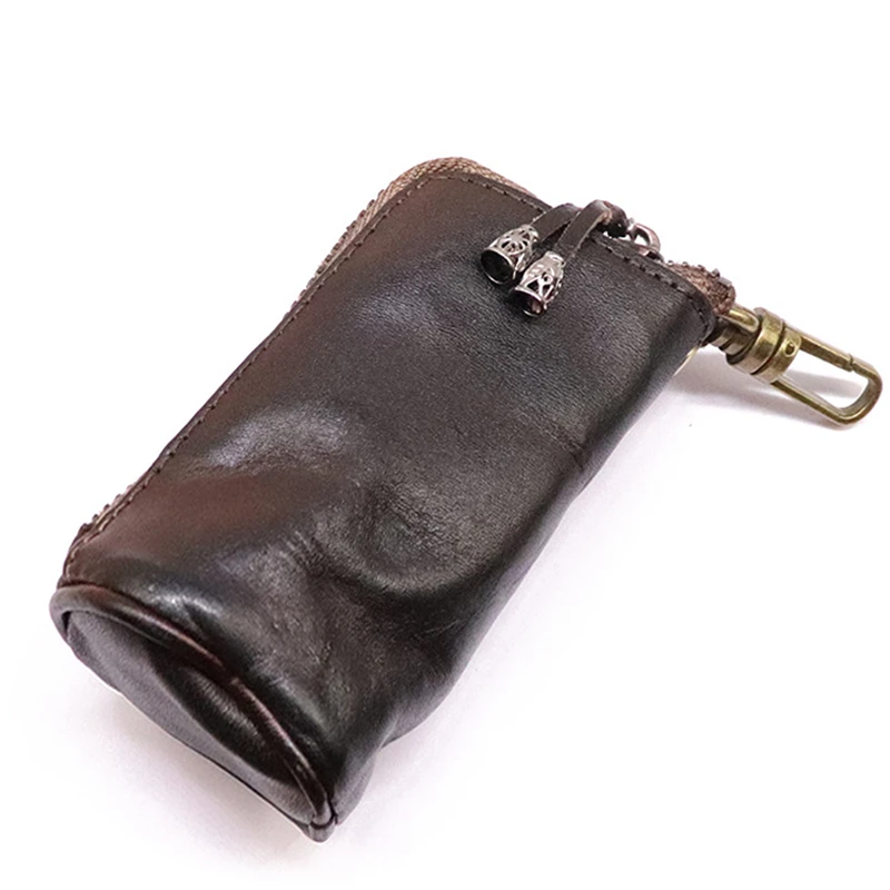 Genuine Leather Key Wallet Men Vintage Zipper Car Key Holder Buckets Keys Organizer Pouch Women Casual Home Key Case Housekeeper