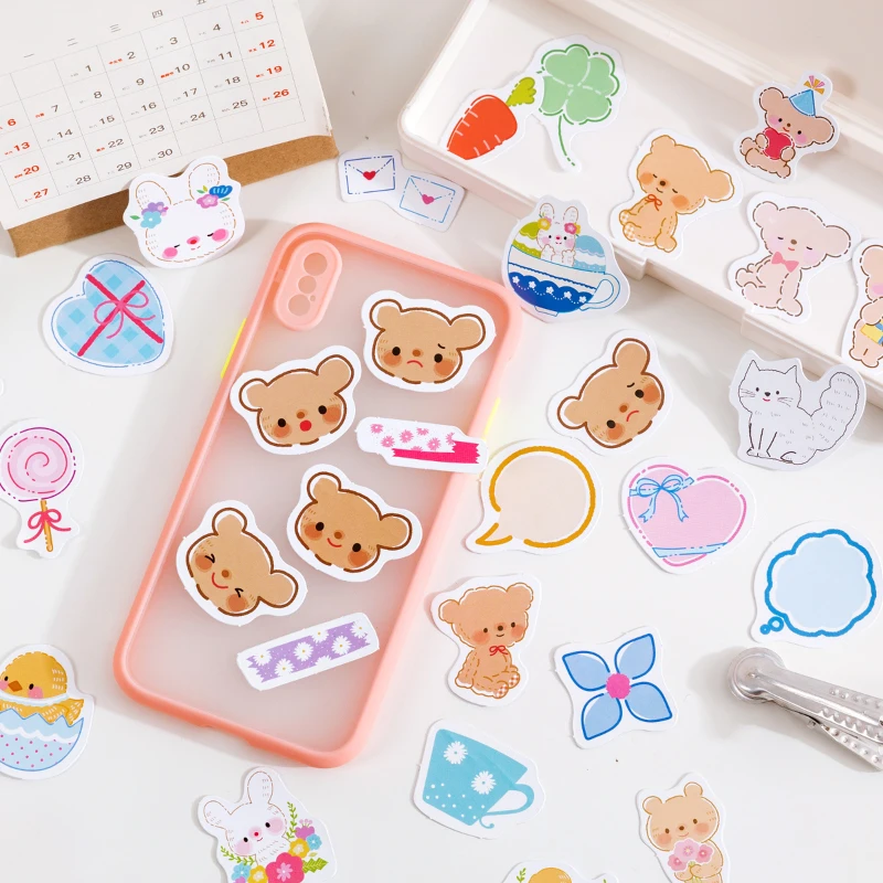 45Pieces Bear Bunny Mini Box Stickers Cartoon Cat heart account Scrapbook materials Handbook Album Items Decorative 4CM