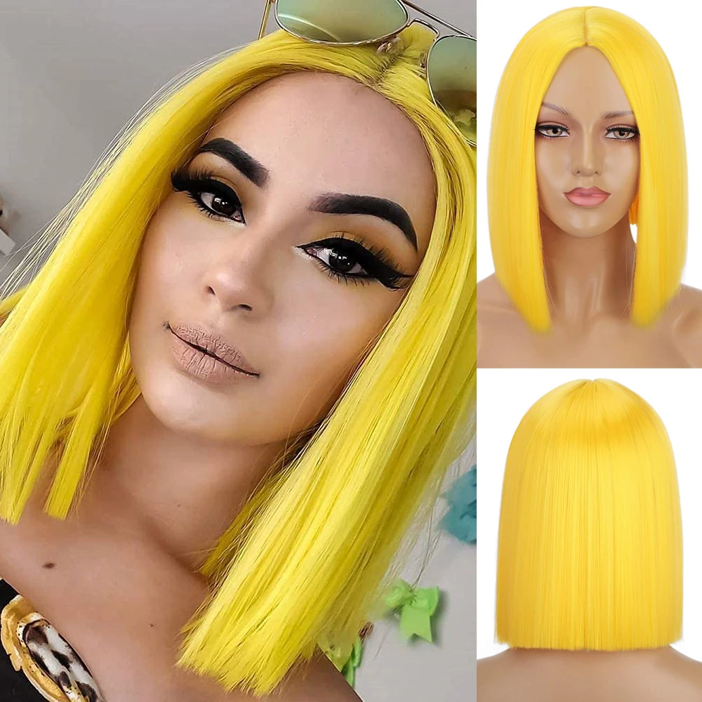 Peluca Bob corta sintética de Pelo Liso para mujer, peluca colorida de Cosplay con rayita media, resistente al calor, negro, azul y rosa