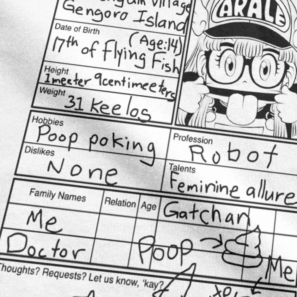 Men Little Kids Resume Arale T Shirts Dr Slump Anime Manga 90s Cute Robot 80s Cotton Tops Short Sleeve Tee Summer T-Shirt