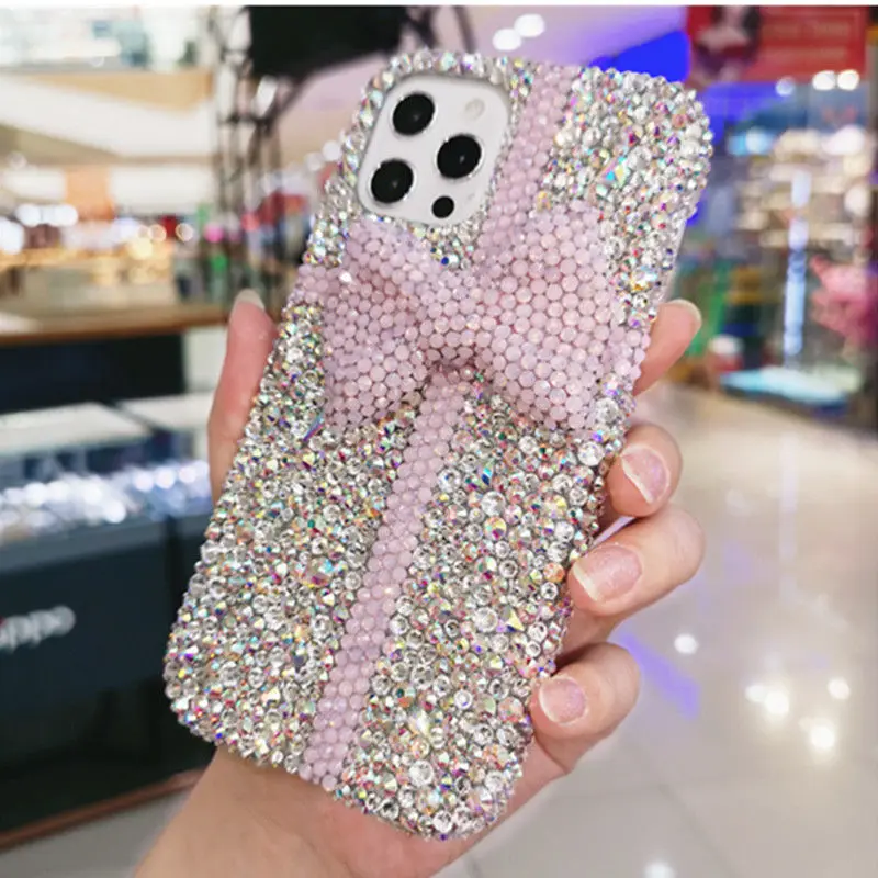 Handmade Diamond Cute Pink Bow Back Cover for IPhone 12 Pro Max Case for Iphone12 Mini X Xr Xs 11 Pro Max Case with Wrist Chain