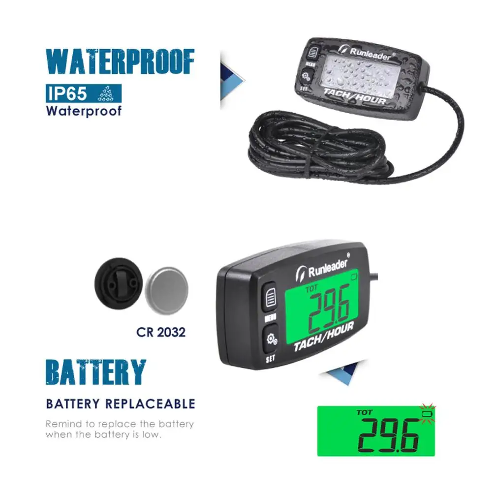 Inductive Tachometer Track Oil Change Hour Meter Backlit Digital Tach Hour Meter for 2 or 4 stroke gasoline engine maintenance,