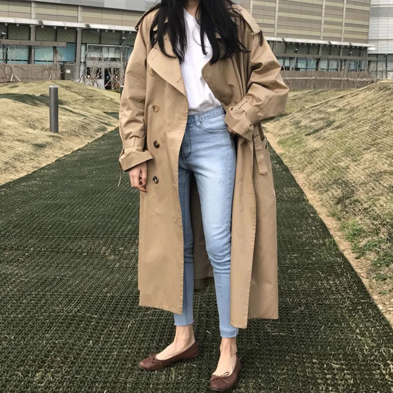 

2024 New Autumn Khaki Long Trench Coat Women Loose Female Windbreaker Fashion Trench Coats Casual Outerwear P552