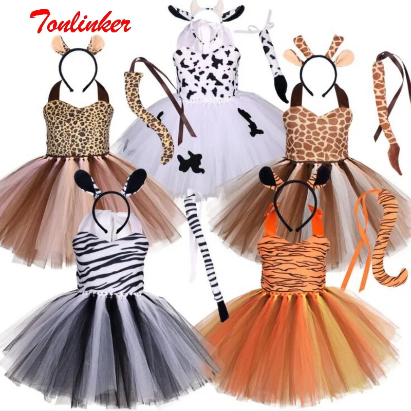 

Child Animal Cosplay Costume Girls Giraffe Tiger Cow Leopard Tutu Dress Kids Birthday Party Christmas World Book Day Fancy Dress