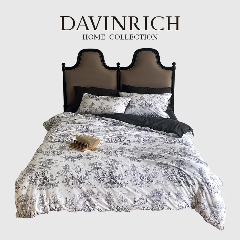 DAVINRICH Toile de Jouy Pattern Bedding Set With 2 Pillowcases Chic Shabby Floral Comforter Set Girls Women French Vintage Decor