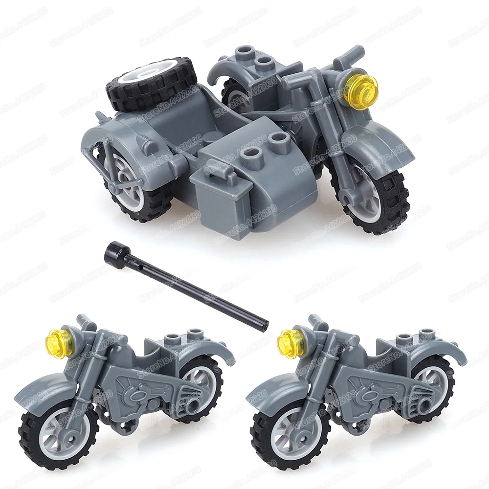 Bloques de construcción de motocicleta militar de tres ruedas, figuras Moc, armas de fuerza de la Segunda Guerra Mundial, modelo de movimiento, regalos de Navidad para niños, juguetes educativos