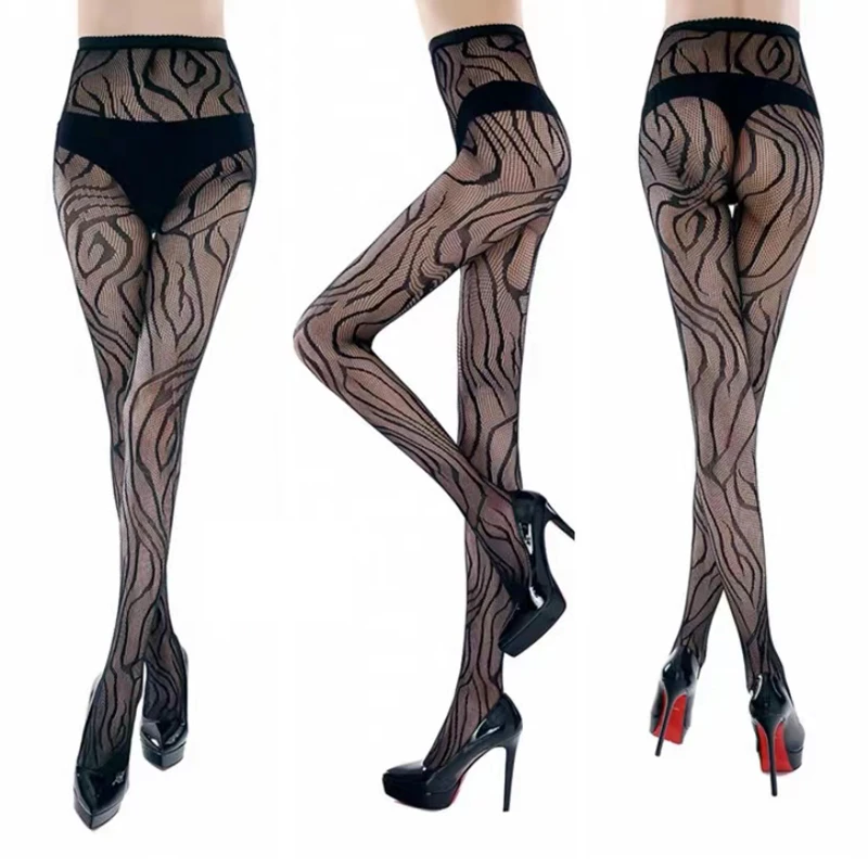 Space-Time Vortex Graphics Women's Black Pantyhose Lolita Fashion Zebra Grain Fishnet Stockings Sexy Hollow-Out Nylon Tights