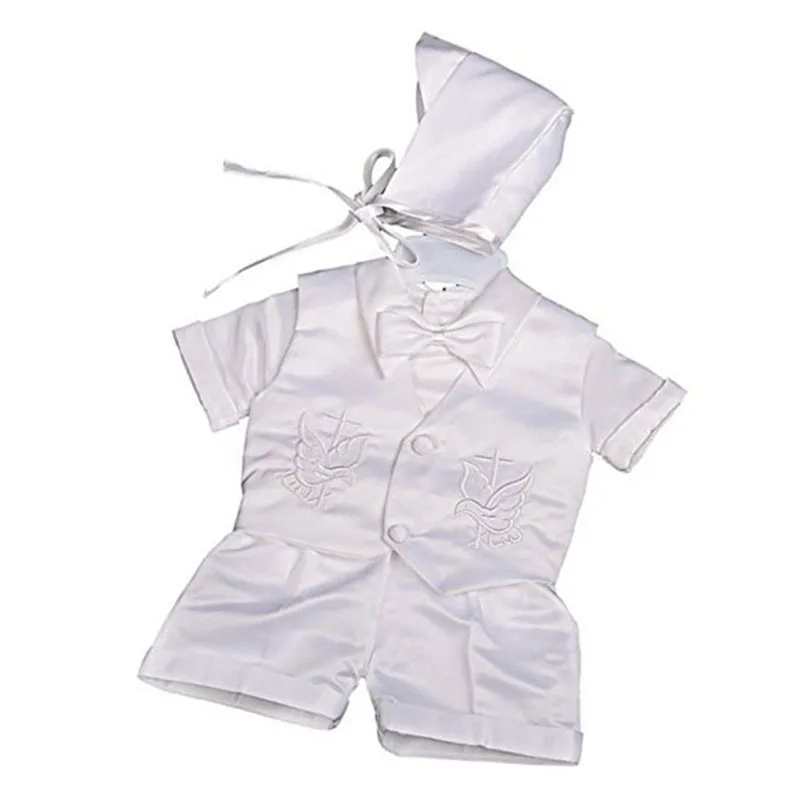 Baby Boys White Cartoon Dove Baptism Suits Baby Boy Short Sleeve Bow Tie Tops+Shorts+Vest+Hat Boys Christening Clothes Costume