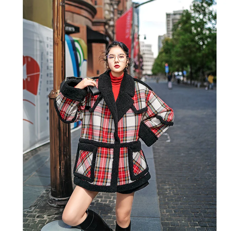 

Winter Women High Quality faux lambswool Fur OverCoats Luxury short casual Thick Warm Plus Size female cloth 2019 red plaid