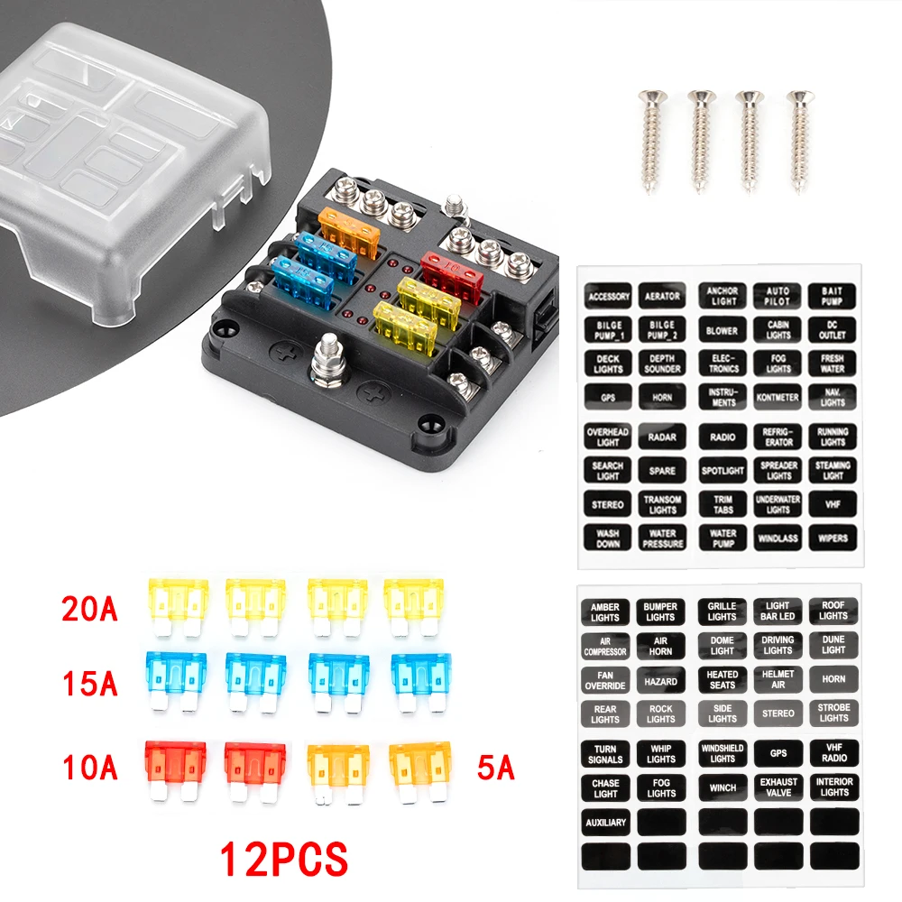 12V 6-weg bladzekeringblok met LED-indicator Waterdichte beschermhoes en labelsticker voor auto-auto-vrachtwagenaanhangwagen