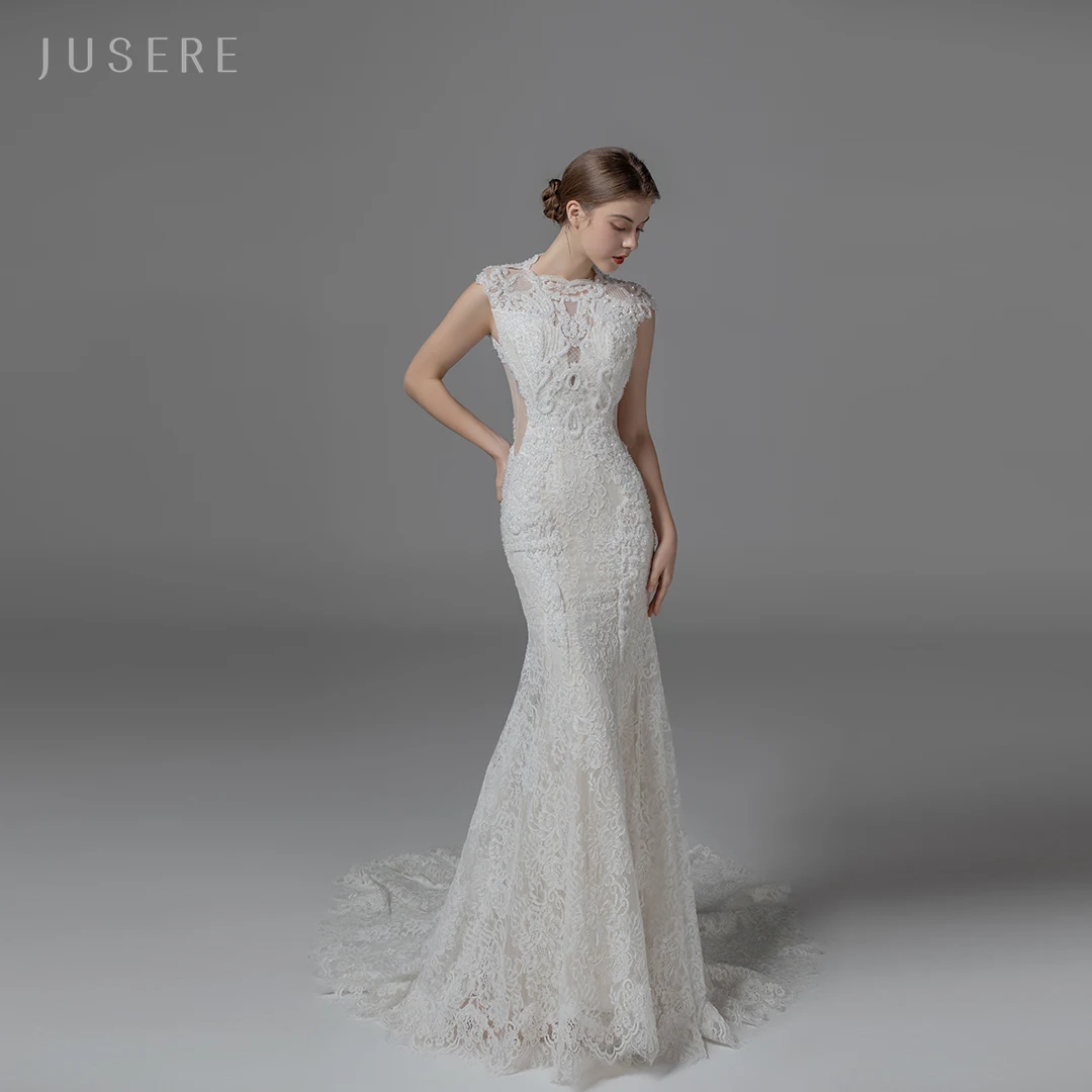 Jusere O-neckline long sleeves bridal dress wedding dress bridal gown mermaid beaded dress