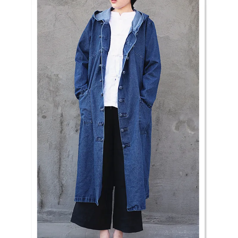 

Free Shipping 2021 Denim Long Mid-calf Coat For Women Loose Jeans Outerwear Long Sleeve Single-breasted Chinese Style Hooded