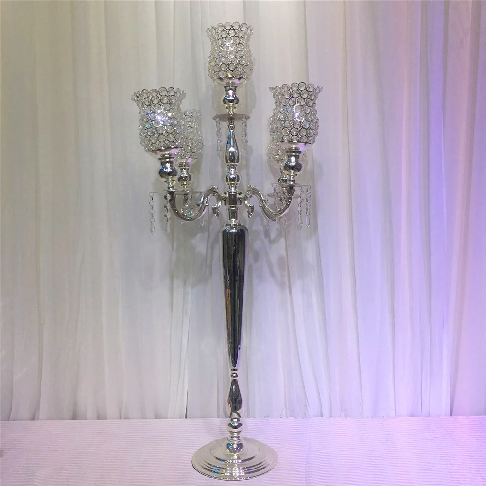 

5pcs )110cm height 5-arms metal Gold/ Silver candelabras with crystal pendants wedding candle holder Event centerpiece senyu1522