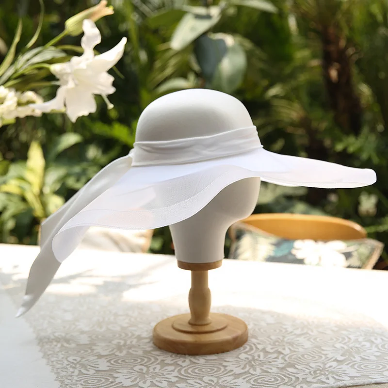 White Wedding Hat Satin Bow Mesh Hat Brim French Light Luxury Elegant Bridal Hat For Woman Wedding Accessories Hat Fascinator