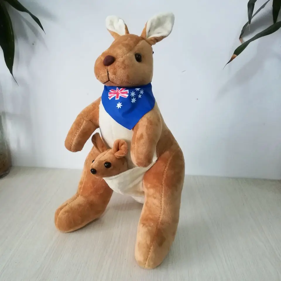 about 45cm yellow kangaroo plush toy with blue flag scarf soft doll toy birthday gift h2025