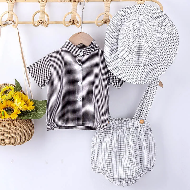 Korean Style Summer 0-24M Newborn Baby Boys Clothes Suit Short Sleeved Shirt+Jumpsuit+Hat Toddler Baby Boys Clothing Set