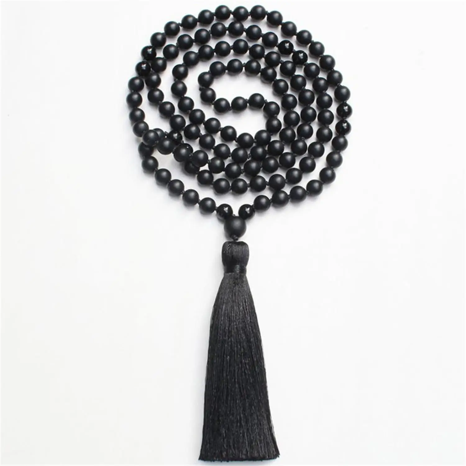 

6mm Black Agate Knotted Tassel 108 Bead Mala Necklace Spirituality Religious Tibetan Retro Prayer Yoga Yoga Mala Japa Chakra Men