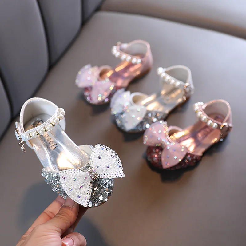 Hot Sale Girls Sequin Pearl Bow Kids Shoes Cute Princess Shoes Spring Summer New Sandals Children Party Dance Single Shoes G509