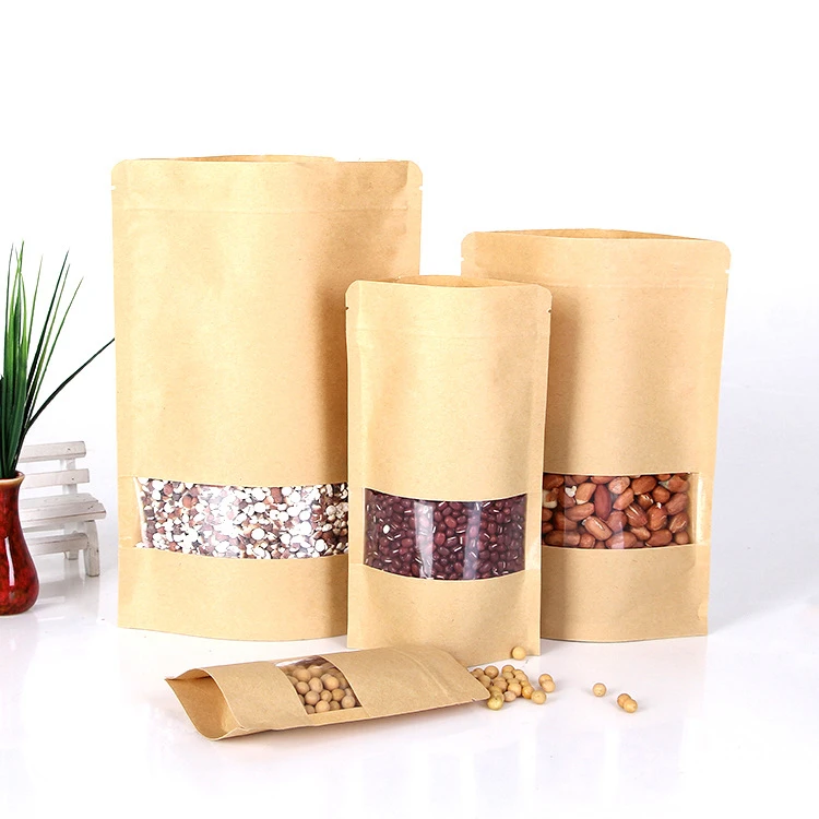 100pcs Kraft paper window zipper bag brown reusable self-sealing candy bread cookie gift bag