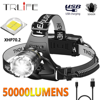 5000000LM Powerful Headlamp XHP70 LED Headlight Sensor Outdoor Waterproof USB Rechargeable Zoom Head Flashlight Use 18650 Batter