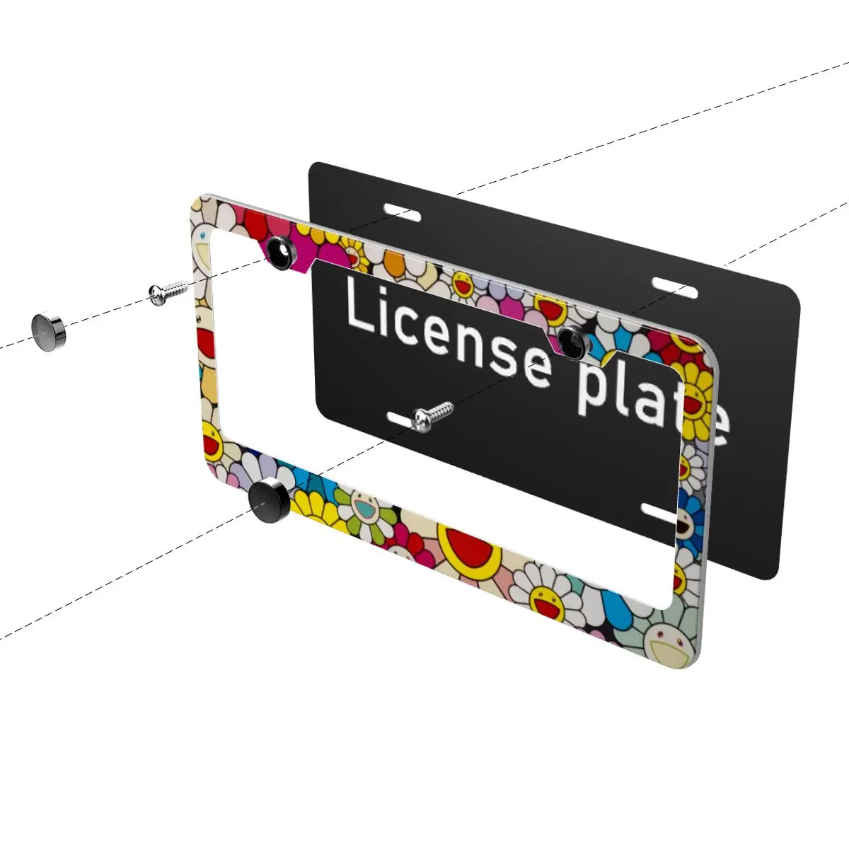 Personalized License Plate Rainbow Flower Chicago Frame Metal Aluminum Plate Cover Car Tag Holder For Women Men Auto Decoration