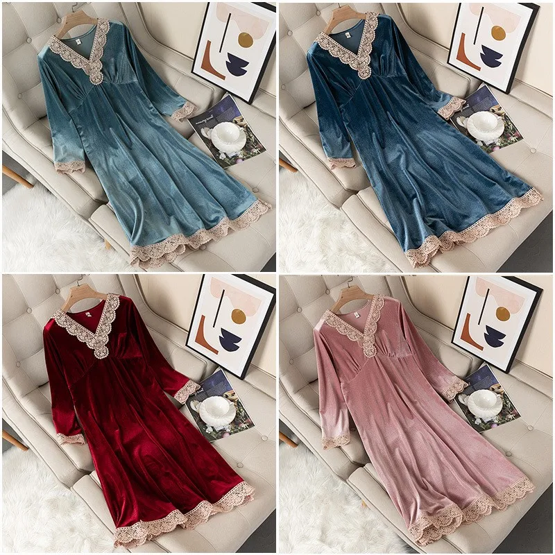 Velvet Sleepwear Women Sleep Dress V-neck Nightdress Velour Nightgown Nightwear 2021 New Intimate Lingerie Homewear