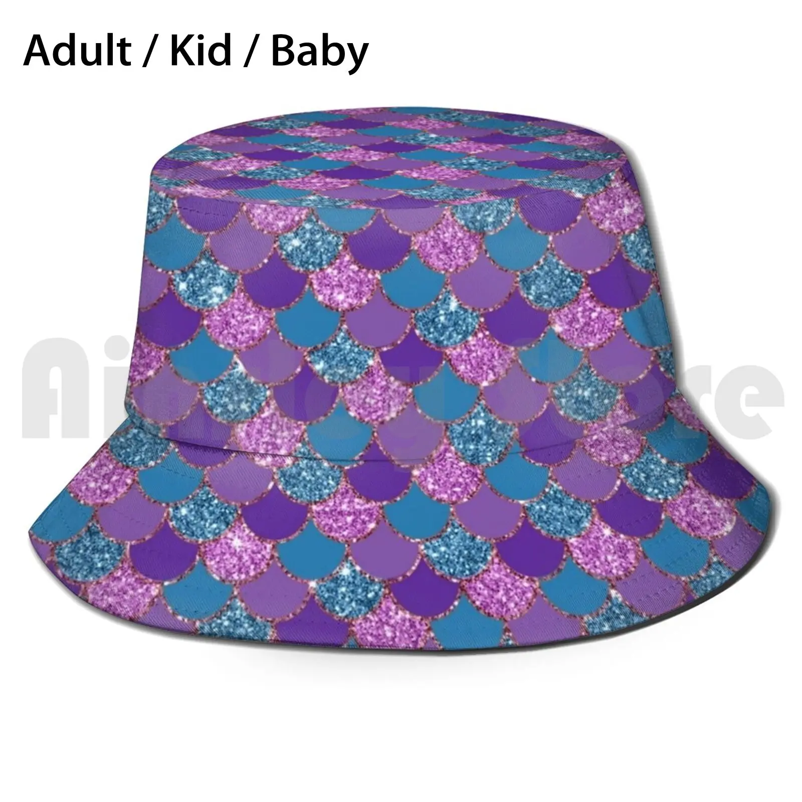 Mermaid Sparkle Bucket Hat Adult kid baby Beach Sun Hats Mermaid Scales Sparkle Princess Girl Girls Pink Purple Pattern Kids