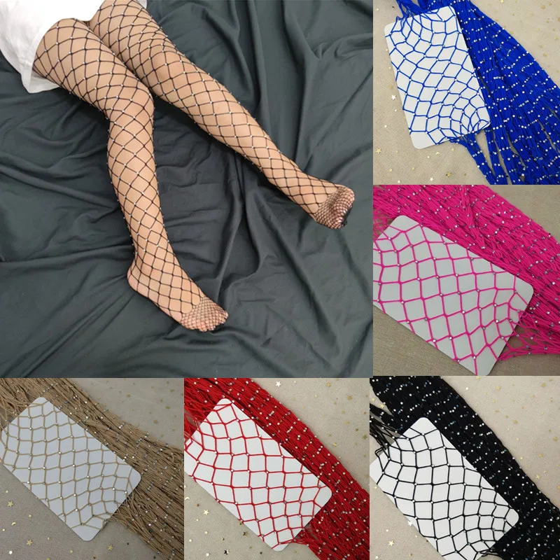 Fashion Kids Girls Mesh Fishnet Stockings Rhinestone Sparkle Tights Flash Hollow out Pantyhose Glitter Leggings Holiday Outfits